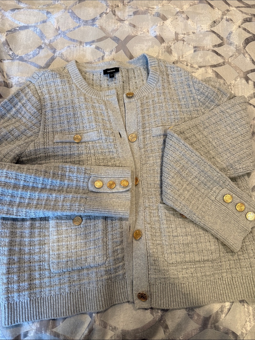 Express Beige Tweed-Style Knit Jacket with Gold Buttons